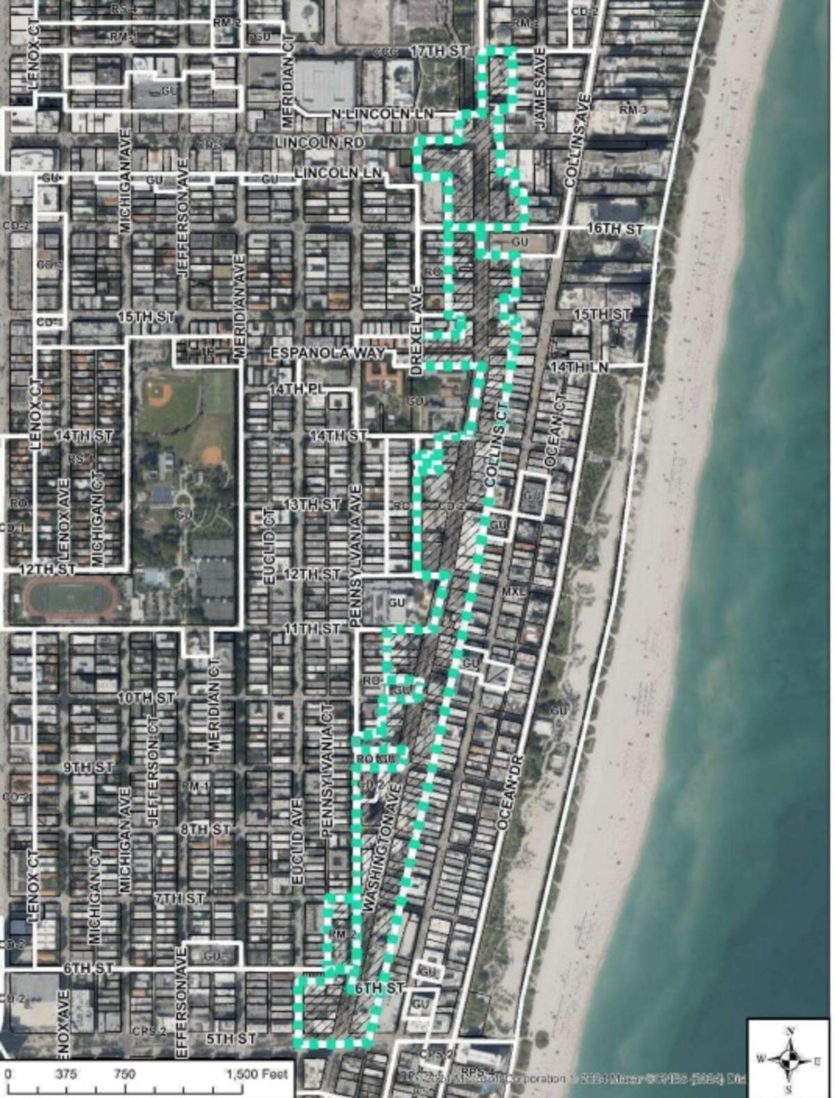 This aerial map shows the properties along Washington Avenue in Miami Beach that would be affected by a proposal to allow more density and height to spur the construction of “missing middle” housing along the corridor.